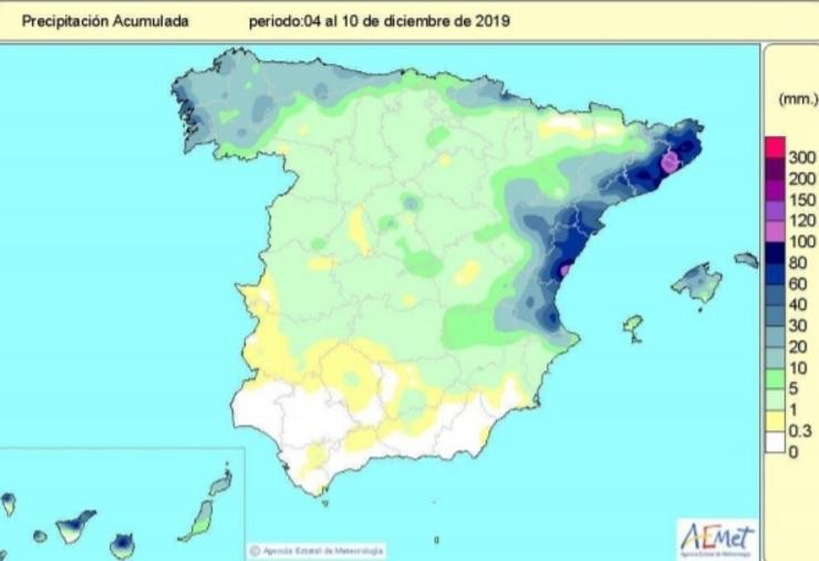 Balance das precipitacións acumuladas no ano hidrolóxico, que comezou o 1 de outubro ata o 10 de decembro. AEMET 