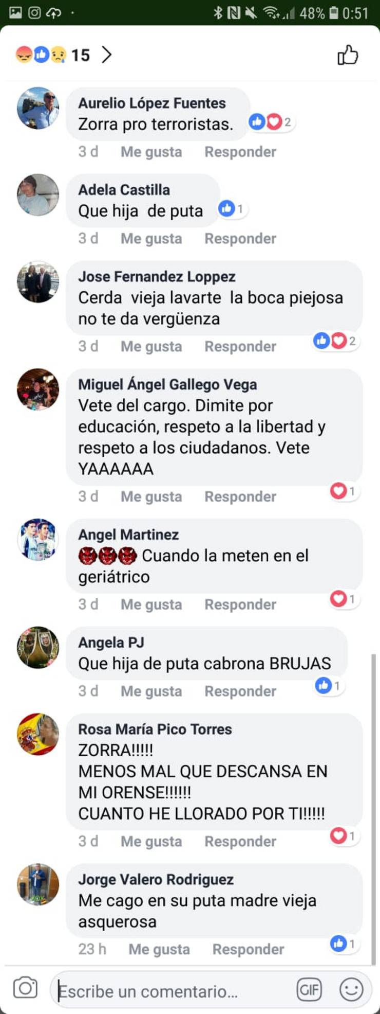 Insultos na conta de FB de Vox contra a alcaldesa de Madrid, Manuela Carmena