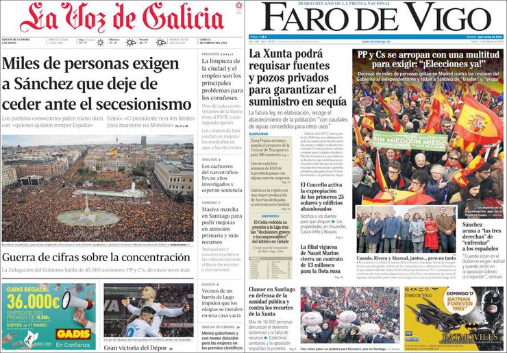 Portadas de La Voz de Galicia e Faro de Vigo do 11 de febreiro de 2019.