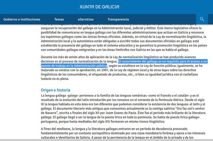 Verso Versión en castelán da Web da Xunta explicando o estatus do galego na función pública