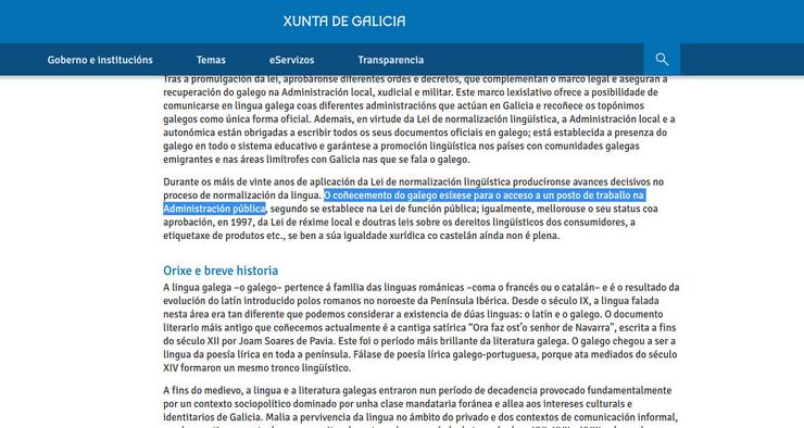 Versión en galego da Web da Xunta explicando o estatus do galego na función pública