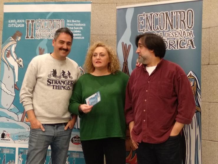 Manel Cráneo, Sonsoles López Iglesias e Javi Montes na presentación do II Econtro de Banda Deseñada Histórica de Galicia