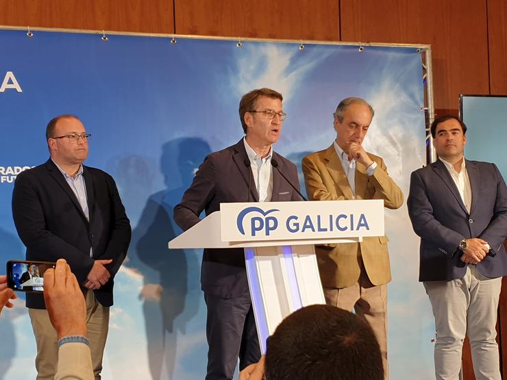 O presidente do PP de Galicia, Alberto Núñez Feijóo, o secretario xeral do PP de Galicia, Miguel Tellado, o deputado Alberto Pazos Couñago e o eurodeputado Francisco Millán Mon valoran os resultados das eleccións do 26 de maio