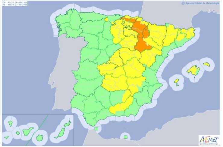 Mapa de España con 25 provincias en alerta pola onda de calor. AEMET 