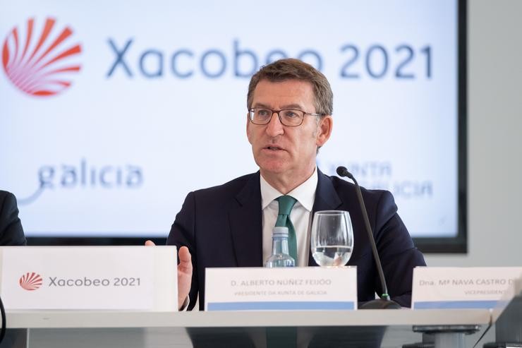 Alberto Núñez Feijóo, tras unha reunión da comisión Organizadora do Xacobeo 2021 