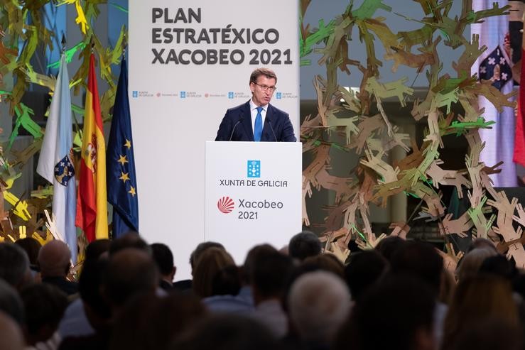 Alberto Núñez Feijóo durante a súa intervención na presentación do Plan Estratéxico do Xacobeo 2021. 