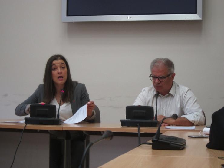 O portavoz parlamentario de En Marea, Manuel Lago, e a deputada Eva Solla nunha rolda de prensa na Cámara galega