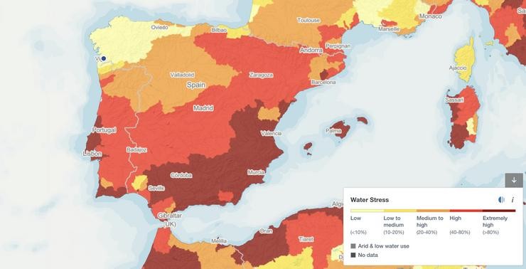 Mapa do estrés hídrico estimado na Península Ibérica en 2040, no escenario optimista 