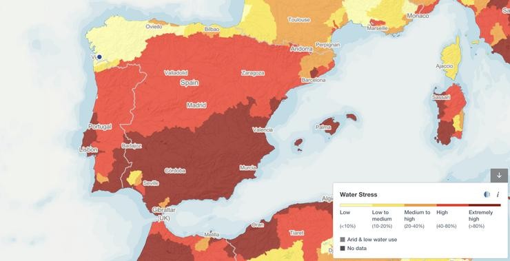 Mapa do estrés hídrico estimado na Península Ibérica en 2040, no escenario pesimista 