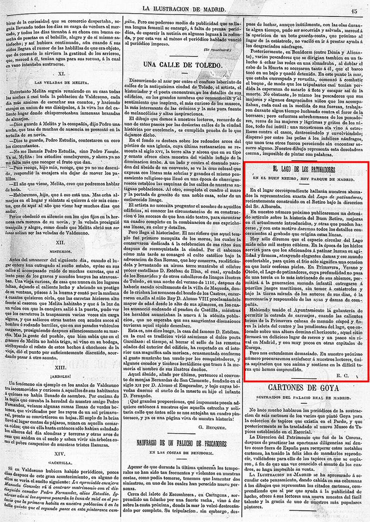 'El lago de los patinadores', publicado no número do 12 de febreiro de 1870 de La Ilustración de Madrid 