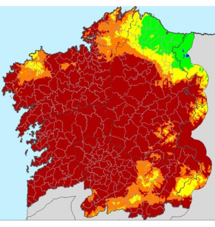 Mapa de risco extremo de incendio en Galicia do 5 de setembro de 2019. XUNTA