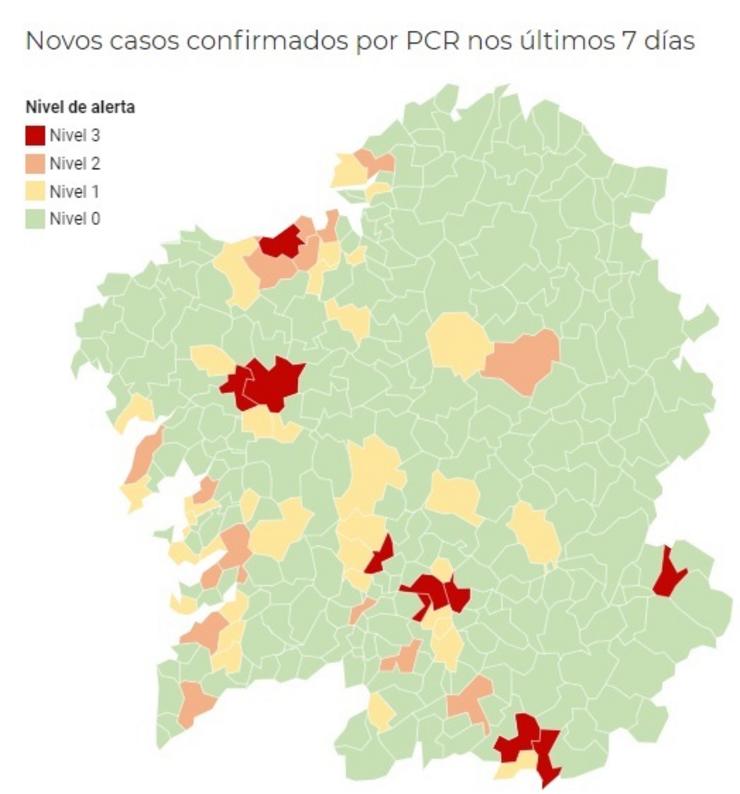 Mapa da Consellería de Sanidade coa incidencia do coronavirus nos últimos 7 días, actualizado a luns 12 de outubro.. CONSELLERÍA DE SANIDADE 