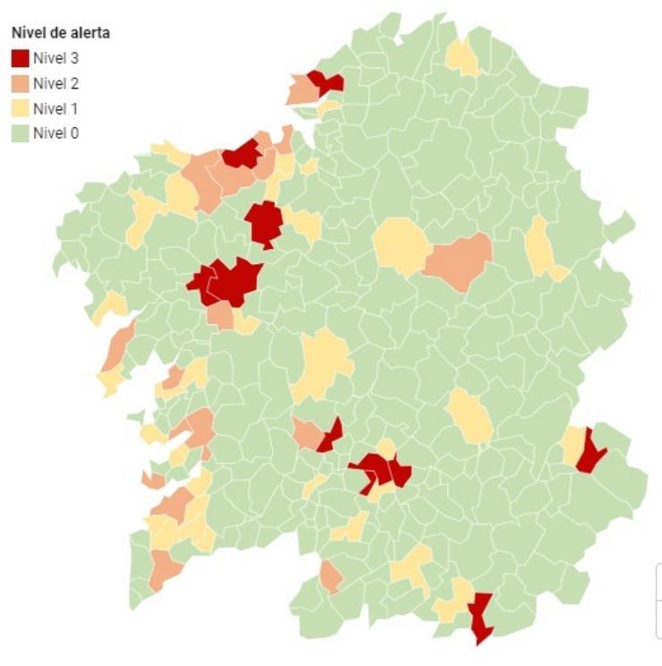 Mapa de municipios afectados por covid-19 deste venres.. XUNTA / Europa Press