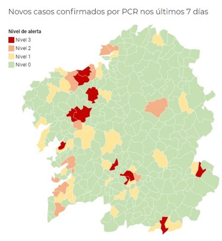 Mapa da Consellería de Sanidade coa incidencia do coronavirus por municipios en Galicia, a 17 de outubro de 2020.. CONSELLERÍA DE SANIDADE 