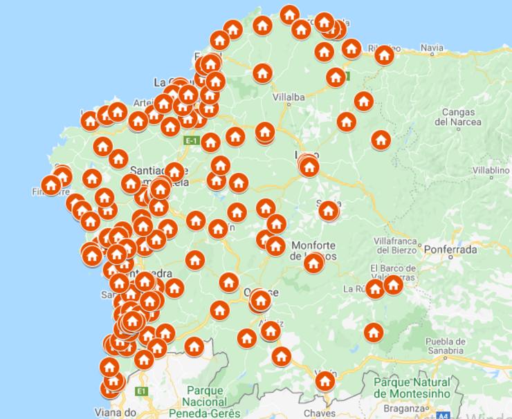 Mapa da Mesa pola Normalización que mostra os establecementos onde se pode depositar a sinatura para o proxecto da Canle Xabarín/A Mesa