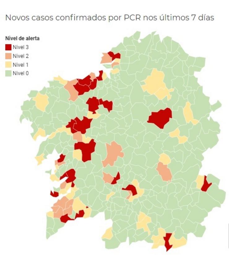 Imaxe correspondente ao mapa do 21 de outubro que indica os novos casos confirmados por PCR no últimos sete días. SERGAS 