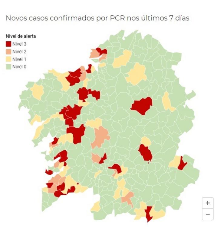 Imaxe do mapa da Xunta por concellos correspondente ao 22 de outubro de 2020. CAPTURA SERGAS 