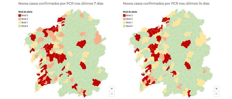 Incidencia do coronavirus en Galicia nos últimos sete e 14 días