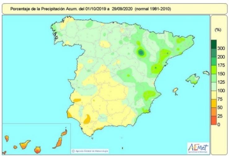 As choivas superan os valores normais na maior parte de España menos no suroeste e algúns puntos do norte e do interior de Castela e Léon, así como en Canarias.. AEMET 