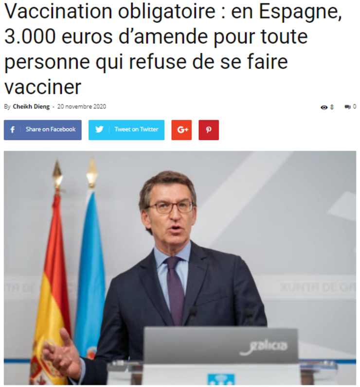 Noticia do semanario francés Courrier Internacional sobre a 'vacinación obrigatoria' da proposta de lei de sanidade do PP
