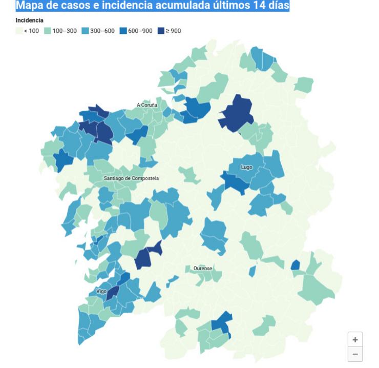 Mapa da incidencia da Covid en Galicia a 22 de novembro