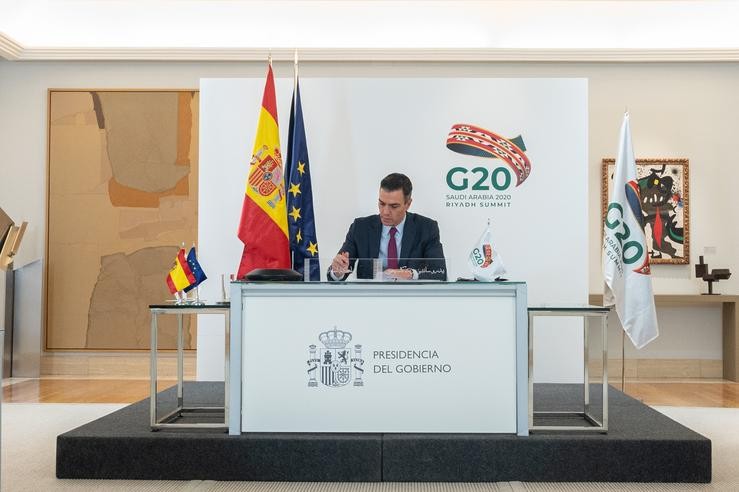 O presidente do Goberno, Pedro Sánchez, comparecerá este domingo en rolda de prensa tras a súa participación na segunda xornada do Cume do G20. MONCLOA 