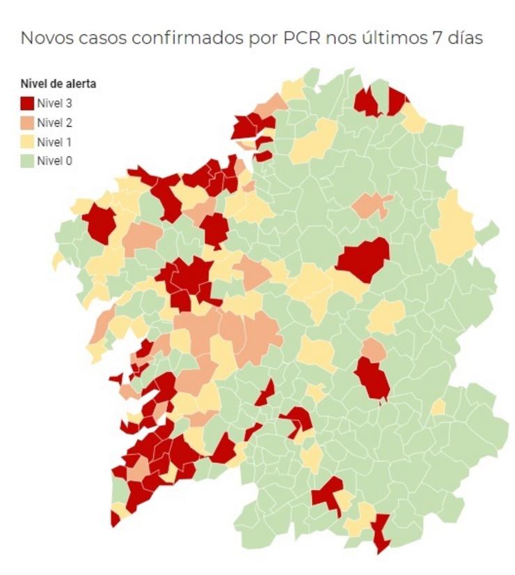 Mapa da incidencia do coronavirus nos municipios galegos, a 3 de novembro de 2020.. CONSELLERÍA DE SANIDADE / Europa Press