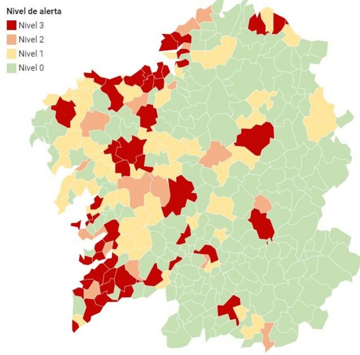 Mapa de incidencia do coronavirus nos municipios galegos a 4 de novembro. CONSELLERIA DE SANIDADE 