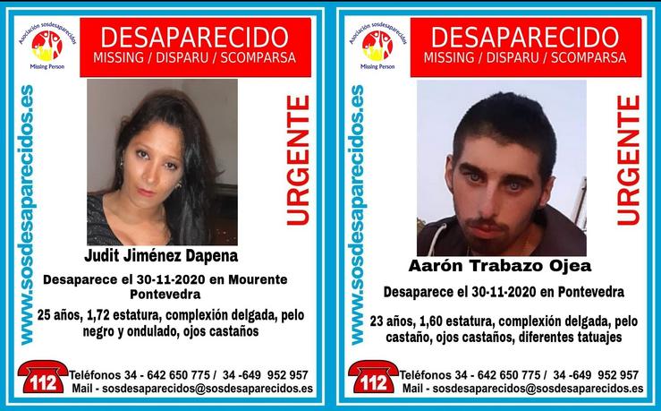 Carteis polas desaparicións de Judit Jiménez Dapena e Aarón Trabazo Ojea en Pontevedra.