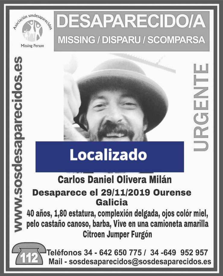 Cartel do aviso de desaparición do home Carlos Daniel Olivera Milán.. SOS DESAPARECIDOS 