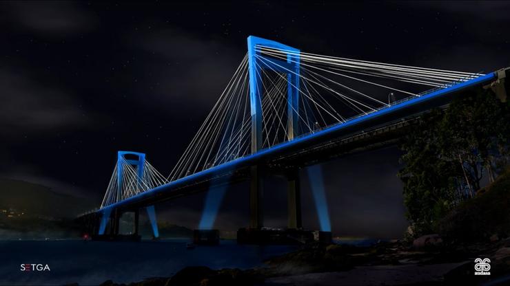 Unha das propostas de iluminación para a ponte de Rande, na ría de Vigo.. XUNTA DE GALICIA-SETGA / Europa Press