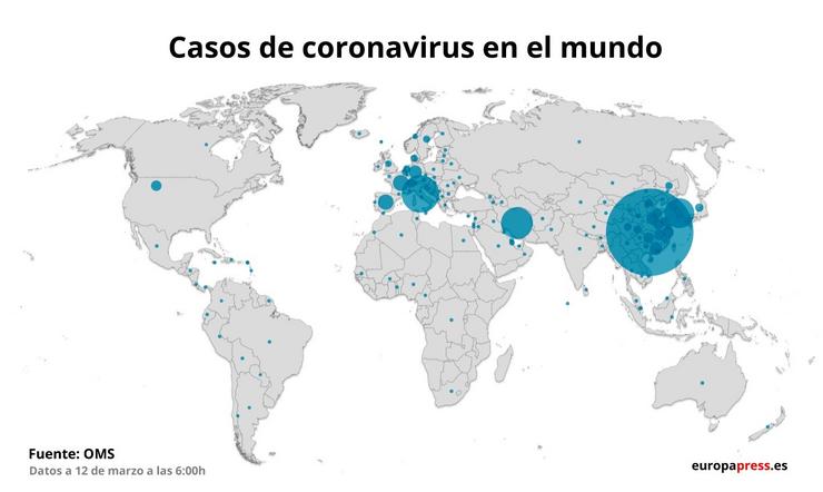 Mapa con casos de coronavirus no mundo. EPDATA