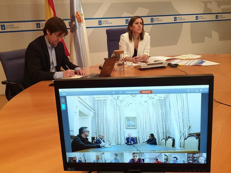 A conselleira de Infraestruturas e Mobilidade, Ethel Vázquez, nunha videoconferencia co alcalde de Santiago, Xosé Sánchez Bugallo 
