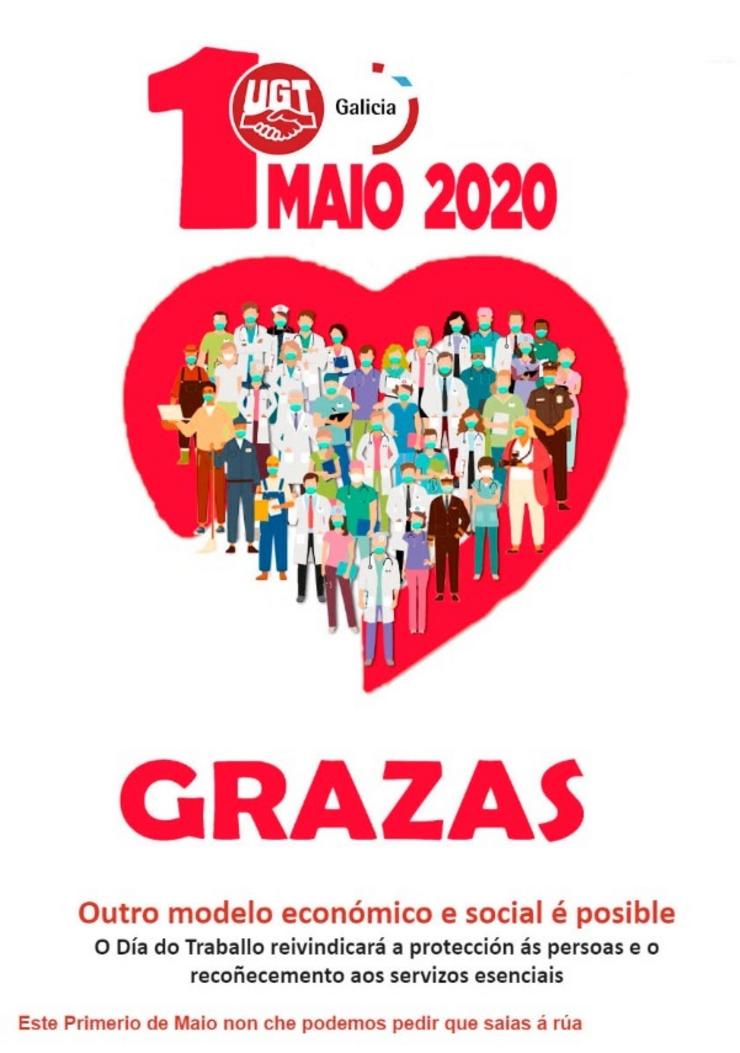 Cartel de UGT Galicia polo 1 de maio de 2020. UXT 