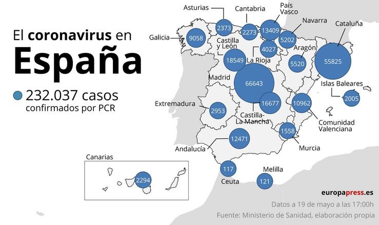 Mapa con casos de coronavirus en España a 19 de maio ás 17:00. EPDATA 