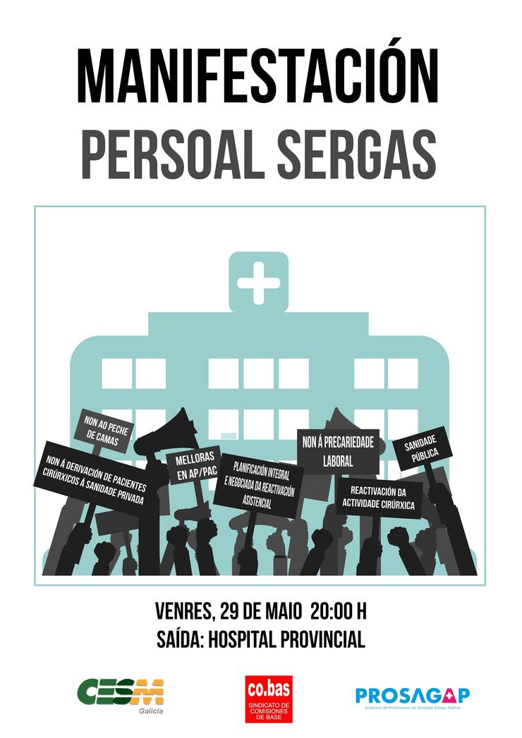 Cartel de manifestación na área sanitaria de Pontevedra para pedir a dimisión da xerencia do CHUP.. CESM, CO-BAS E PROSAGAP 