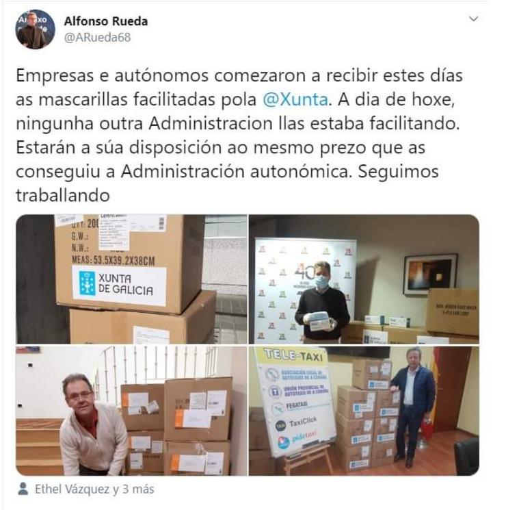Tuit de Alfonso Rueda destacando o material que entrega a Xunta
