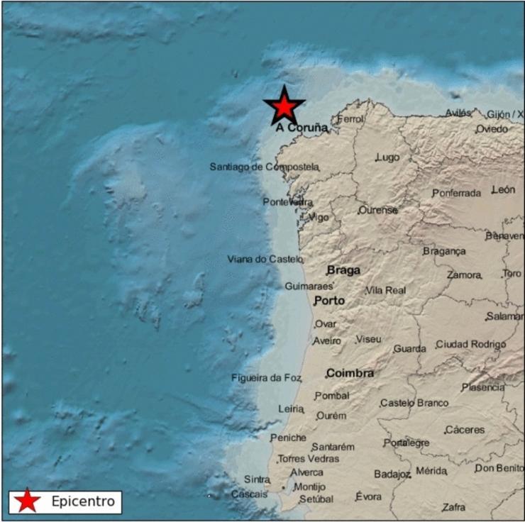 Epicentro do tremor na costa noroeste de Galicia. INSTITUTO XEOGRÁFICO NACIONAL / Europa Press