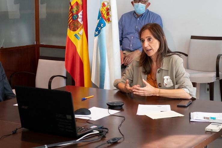 A conselleira Carmen Pomar nun encontro telemático. XOÁN CRESPO