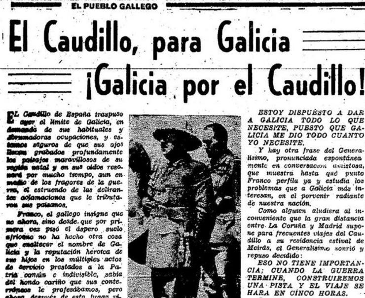 Páxina do xornal El Pueblo Gallego ensalzando a Franco
