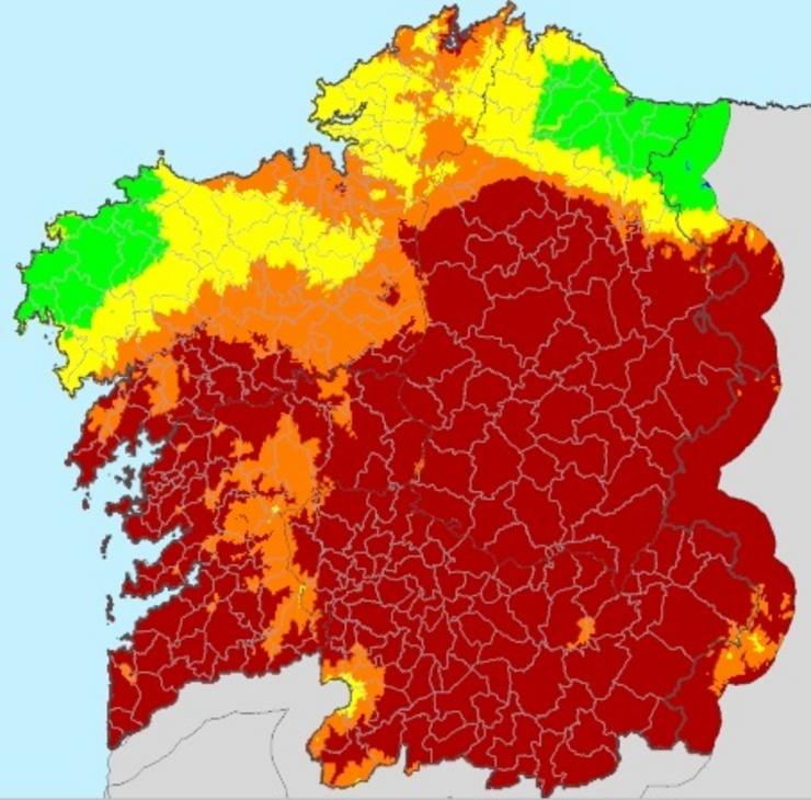 Mapa do índice de risco diario de incendio forestal (IRDI) en Galicia do luns 27 de xullo de 2020.. MEDIO RURAL 