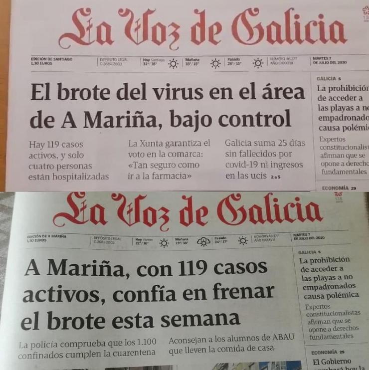 Titulares da edición xeral de La Voz de Galicia e a edición do mesmo xornal na Mariña en relación ao coronavirus