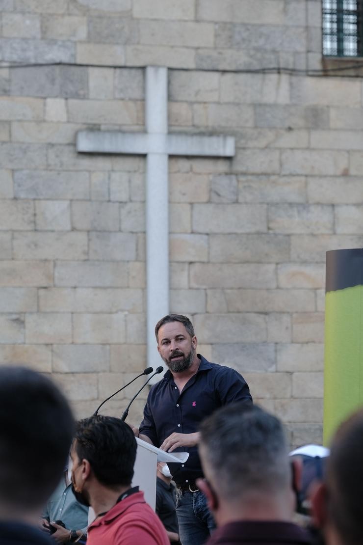 O presidente de Vox, Santiago Abascal, durante un acto electoral de Vox en Santiago de Compostela (A Coruña), a 9 de xullo de 2020. César Arxina - Europa Press