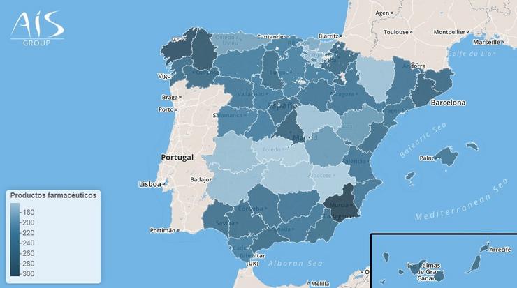 As provincias que máis gastan en produtos farmacéuticos son Murcia, A Coruña, Lugo, Madrid e Barcelona. 