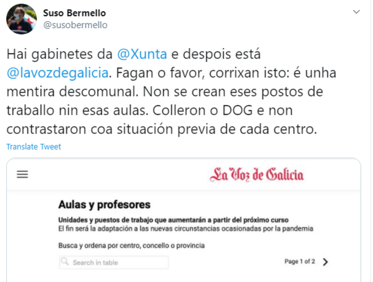 Mensaxe de Suso Bermello (CIG-Ensino) a La Voz de Galicia