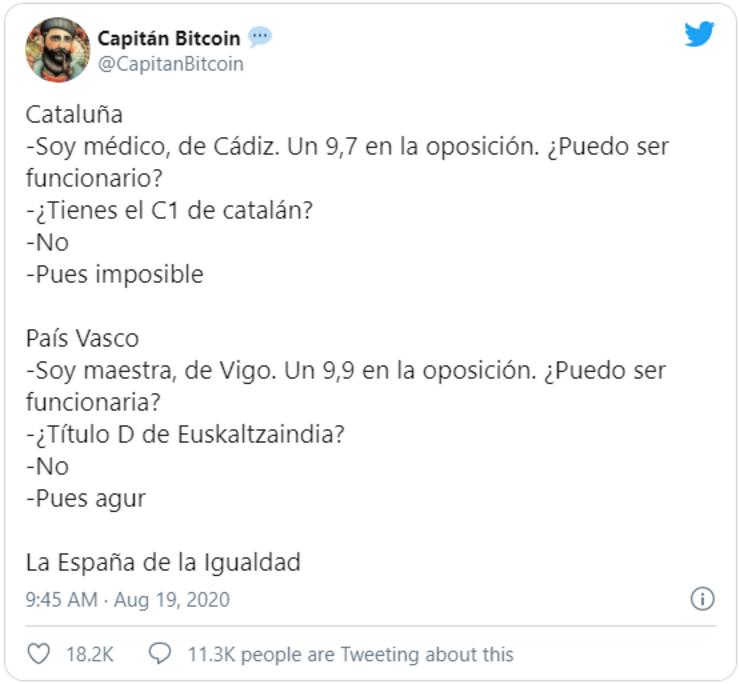 Captura de pantalla do tweet contra a "imposición" do galego ós opositores do resto do Estado/Twitter