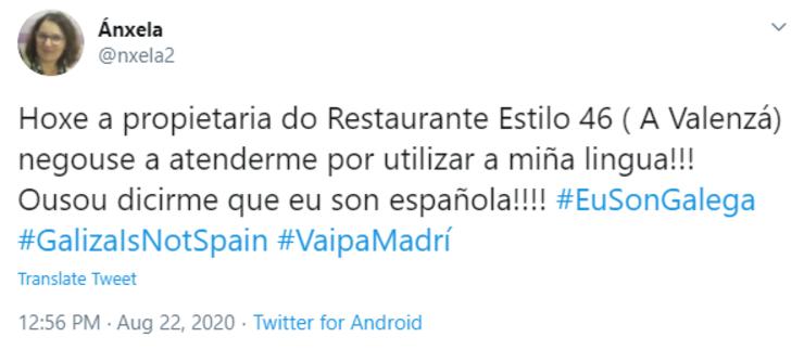 Captura de pantalla do tweet no que unha muller denuncia que non a atenderon nun local por falar en galego/twitter