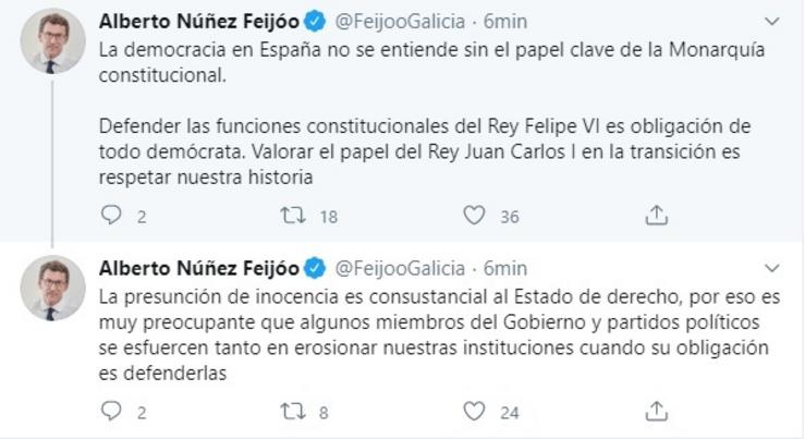 Mensaxe publicada polo presidente da Xunta, Alberto Núñez Feijóo, sobre o rei emérito Juan Carlos I no seu perfil da rede social Twitter. CAPTURA DA IMAXE 