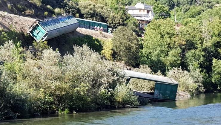 Foto dos vagóns descarrilados nas inmediacións do Sil remitida por Galicia en Común. GALICIA EN COMÚN / Europa Press