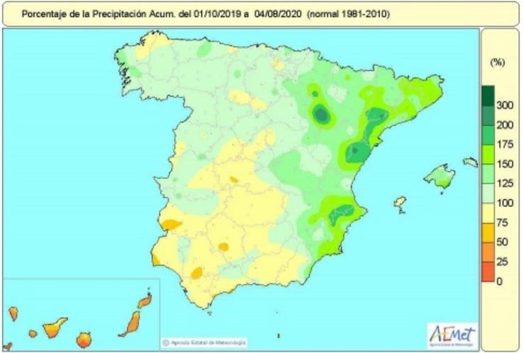 As choivas acumuladas ata o 4 de agosto no que vai de ano hidrolóxico en España superan nun 14% o valor medio normal.. AEMET 